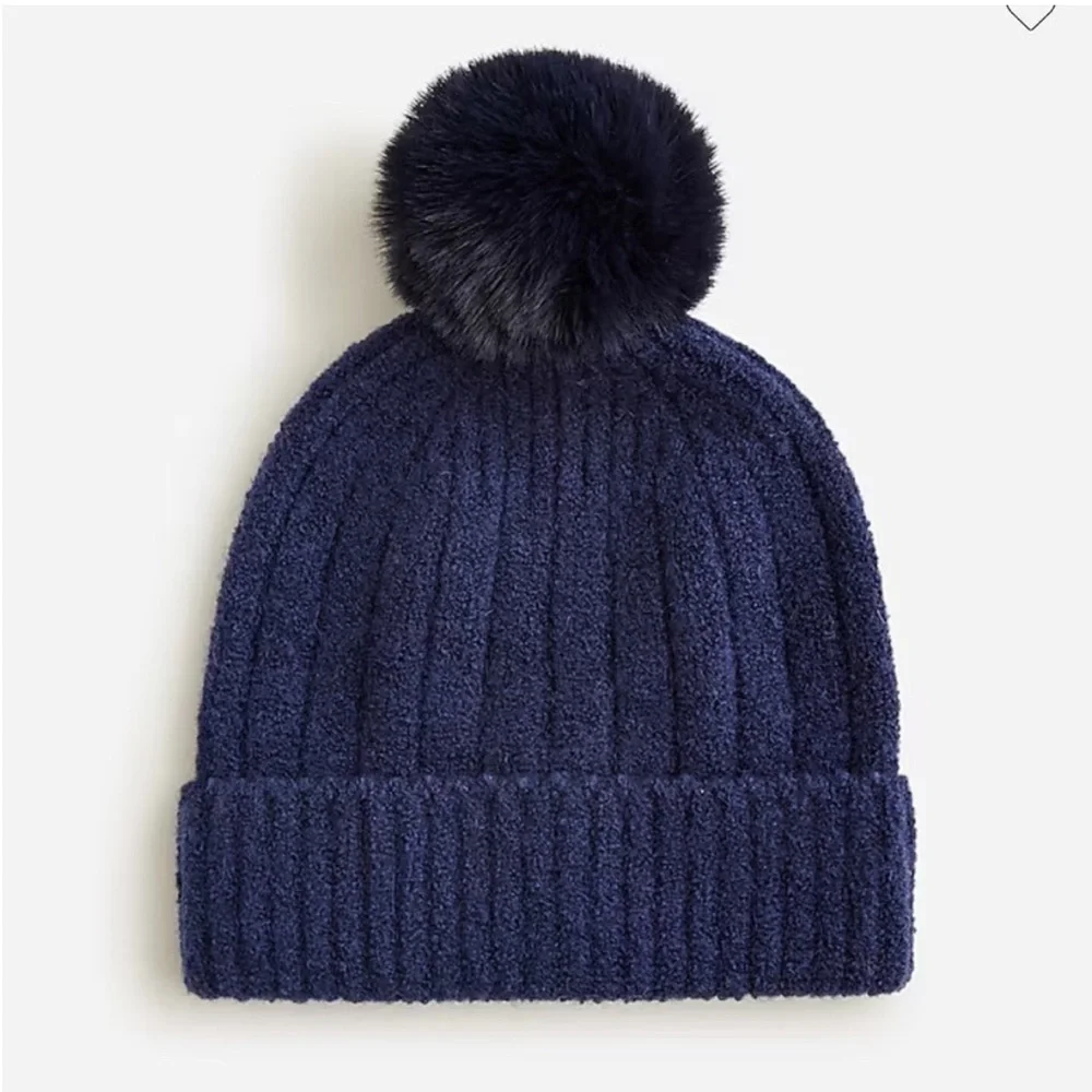 J.Crew Pom Beanie SupersoftYarn in Navy Blue Women’s Ribbed Beanie Hat